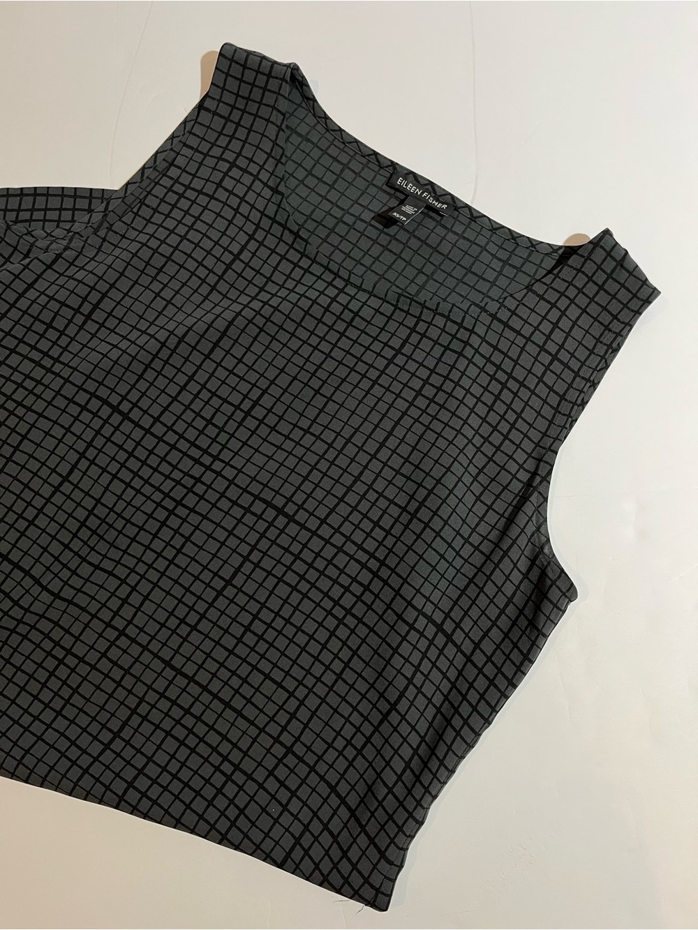 Eileen Fisher Silk Grid Print Shift Dress Sleeveless F7GRG XS Grey Black